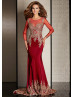 Mermaid Sheer Neckline Red Chiffon Long Sleeves Prom Dress
